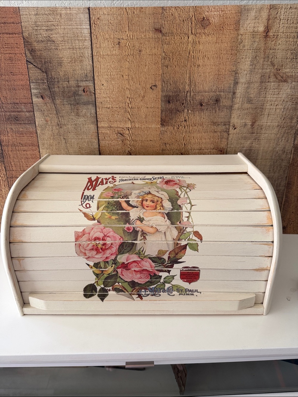 Vintage Inspired Wooden Floral Roll Top Bread Box with Pink Roses Cottagecore